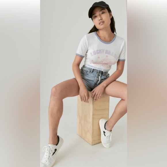 New Lucky Brand Women’s Old School 70’s Retro Silver Skaters Classic Ringer Tee - Picture 4 of 6